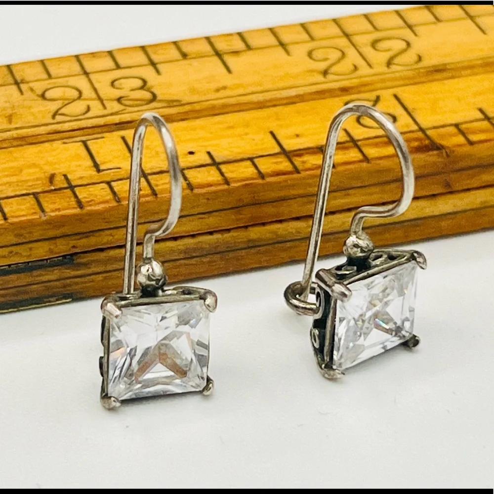 Simple artisan 925 silver shepherds hook rectangular clear rhinestone earrings
